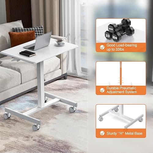 Sweetcrispy Small Mobile Standing Desk, Rolling Laptop Computer Carts, Portable Laptop Desk with Wheels, Adjustable Height Table for Home Office, White thumbnail 6