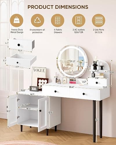 LIVELYGLOW Vanity Desk with Round LED Mirror, Modern Makeup Vanity with Power Outlet, LED Touch Screen 3 Lighting Modes, Adjustable Brightness, Acrylic Cabinet & 3 Drawers- White thumbnail 2