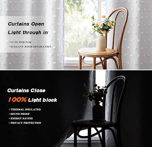 MYSKY HOME 100% White Blackout Curtains for Living Room Bedroom 84 Inches Long Total Light Blocking Drapes for Girls Room Thermal Insulated Curtains with Pom Pom Sheer Grommet Set of 2, 50W x 84L thumbnail 3