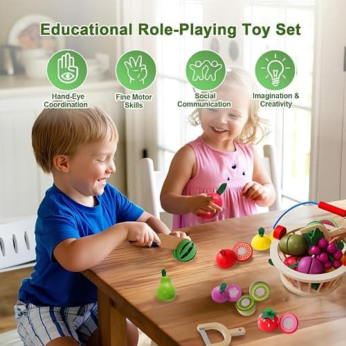 Smartwo Frutta da Tagliare in Legno Con Cesto - Accessori Cucina Giocattolo per Bambini, Verdura e Cibo Finto - Regalo Educativo per 3+ Anni thumbnail 3