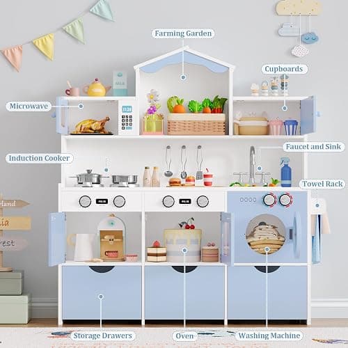 Keyluv Wooden Play Kitchen for Kids and Toddler, Montessori Toy Kitchen Playset with Plenty of Pretend Play Features and Storage Drawers, Gift for Boys and Girls, Blue thumbnail 7