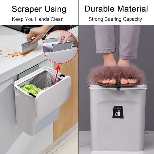 Tiyafuro 2.4 Gallon Kitchen Compost Bin for Counter Top or Under Sink, Hanging Small Trash Can with Lid for Cupboard/Bathroom/Bedroom/Office/Camping, Mountable Indoor Compost Bucket, Gray thumbnail 6