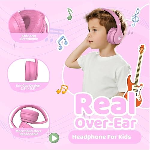 Mokata Headphones Kids Bluetooth 5.4 Wireless Play Time 68H Safe Volume Limit 85/94dB Over-Ear Foldable Headset,Fast Charging,with Aux Cord Built-in Mic for Toddler Child Pad Study Tablet Pink thumbnail 4