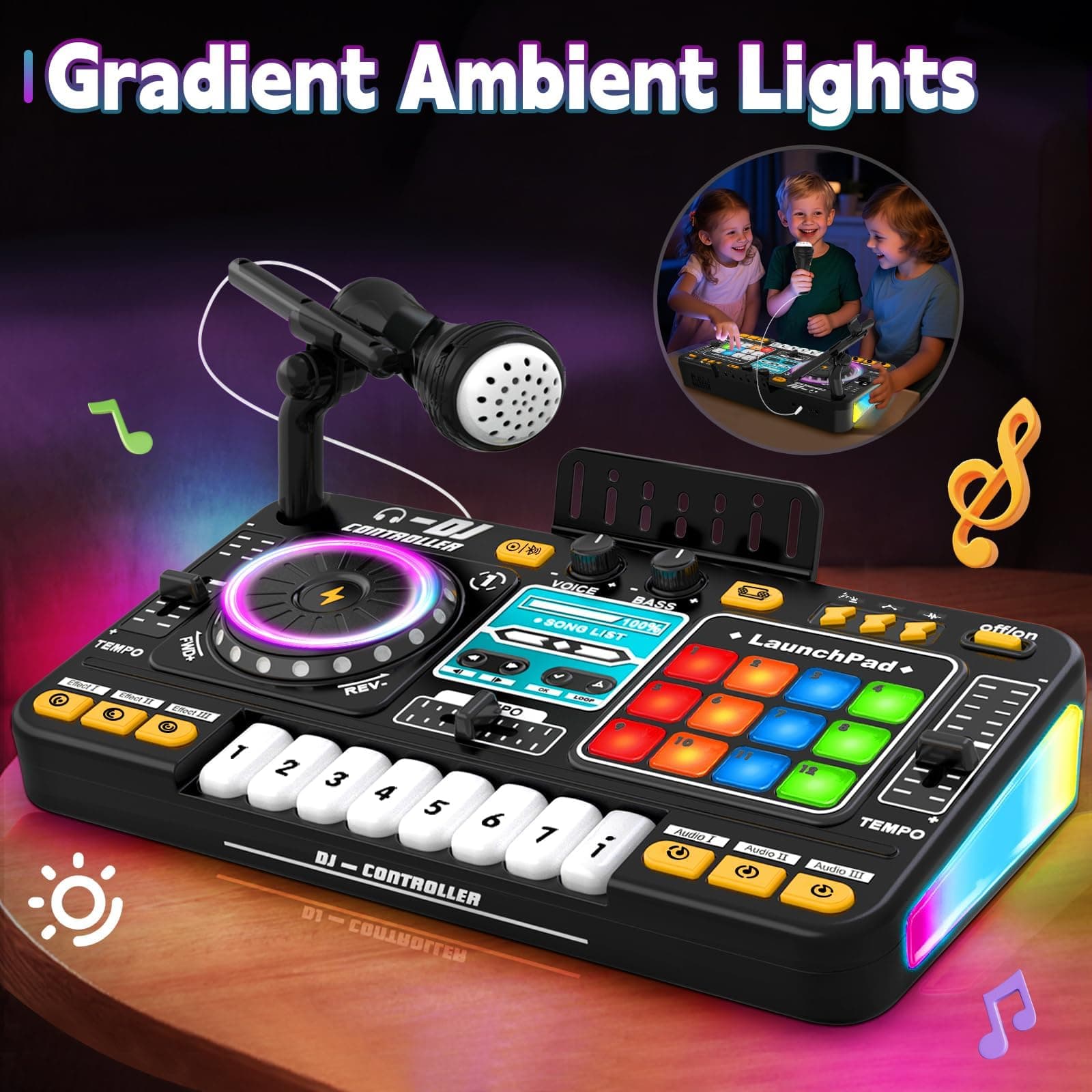 Kids Toys DJ Mixer for Party, Kids' Karaoke Machines, Music Toy with Bluetooth & Microphone for Ages 3+, 2000+ Sound Effects & Colorful Light - Idea Gift for Birthday Holiday(Black) thumbnail 4