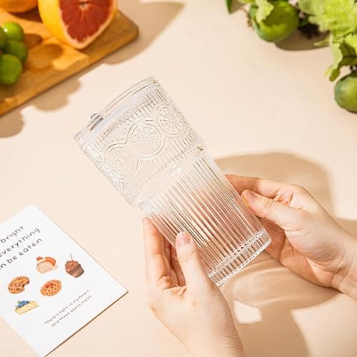 SoulTimes 20oz Ribbed & Floral Glass Tumbler Set of 2 – Reusable Glass Cups with Lid and Glass Straw, Iced Coffee Cups for Water, Smoothie, Milk, Cocktail & More – Perfect for Daily Use & Travel thumbnail 8