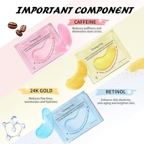 Onespring Eye Masks (8 Pairs) - 24K Gold, Caffeine and Retinol Under Eye Patches, Gel Pads for Wrinkles, Puffiness & Dark Circles, Bachelorette Party Favors, Self Care, Birthday Gifts for Women thumbnail 5