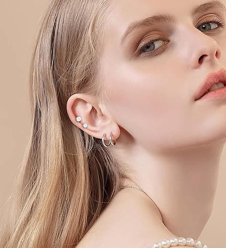 Surgical Steel Flat Back Earrings Set for Multiple Piercing Sensitive Ears,Sterling Silver Hypoallergenic Small Cartilage Huggie Hoop Earrings Titanium Tiny CZ Pearl Opal Stud Earrings for Women thumbnail 3