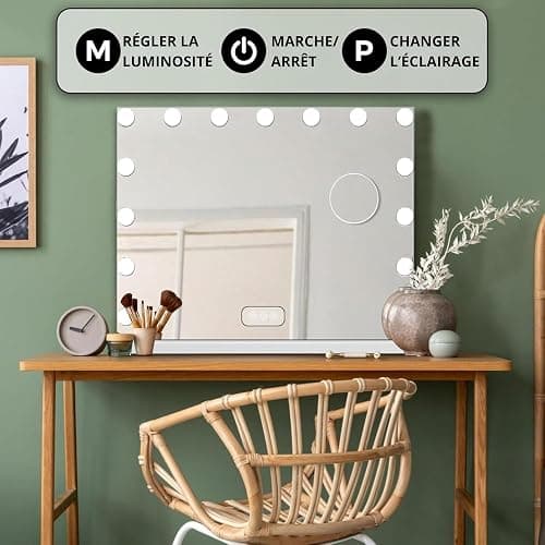 Bayt Miroir de Maquillage avec éclairage - Miroir Hollywood avec éclairage - Intensité réglable - 58 x 46 cm - Blanc thumbnail 6