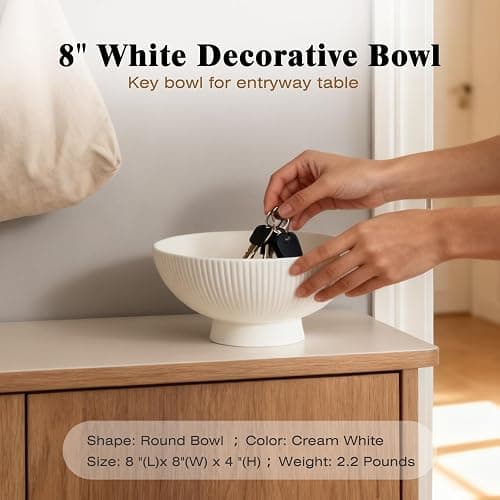 White Ceramic 8 Inch Small Decorative Bowl Fruit Bowl for Kitchen Counter Modern Pedestal Footed Centerpiece Bowl for Coffee Table & Home Decor Fall Catch-All Bowl for Key, Candy thumbnail 7