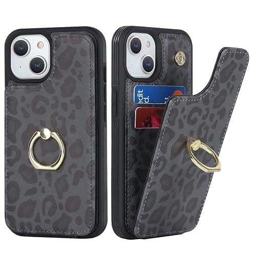 SailorTech für iPhone 15 Handyhülle mit Kreditkartenhalter für Frauen, iPhone 15 Hülle Ring-Ständer Kartenschlitze Standfunktion Modische Tasche für Männer - Schwarzer Leopard - Image 1