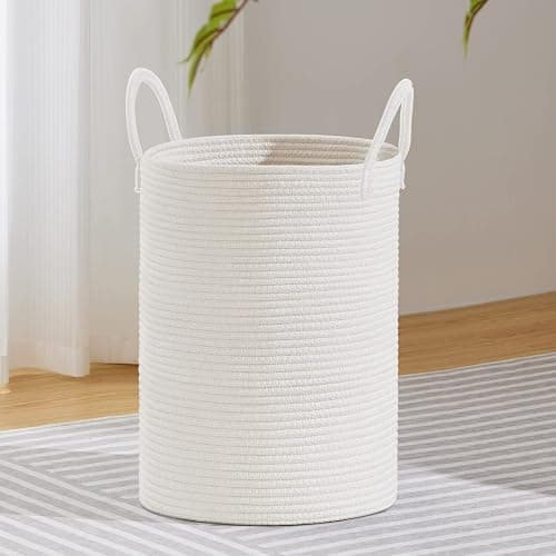 VIPOSCO 58L Tall Woven Laundry Basket Hamper, White | Cotton rope basket, collapsible wicker hamper, panier a linge, storage for gift, blanket, dirty clothes, for bathroom - Image 1