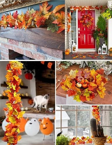 wohohoho 2 Packs Fall Garland Maple Leaf, 5.9Ft/Pieces Fall Leaves Garland 7 Maple Leaves Hanging Vines for Autumn Decor Halloween Thanksgiving Christmas Indoor Outdoor Decorations | Artificial Fall Leaves Garland with Hooks, Autumn Thanksgiving Halloween Decor for Mantle Fireplace Door Indoor Outdoor thumbnail 4