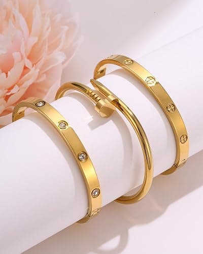 sineed 18K Gold Plated Stainless Steel Love Nail Bangle Clover Bracelet Set Stackable Dupes for Love Trendy Jewelry thumbnail 6