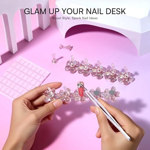 Makartt Nail Stand: Nail Art Display Practice Nail Stand for Press on Nails, Pink Flower Nail Holder for DIY Designs, Magnetic Press on Nail Stand with 48PCS Reusable Adhesive Putty for Home DIY Salon thumbnail 2