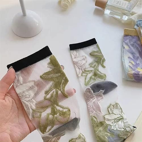 Ballballu Vintage Sheer Socks,Summer Transparent Flower Ankle, Thin Mesh Lace Elastic Jacquard Glass Silk thumbnail 2