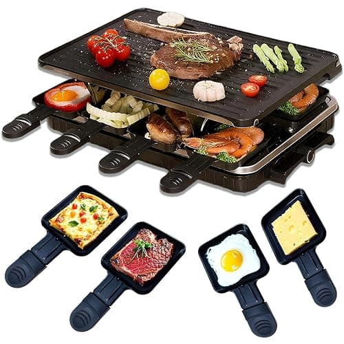 Raclette Grill, Indoor Grills Electric Smokeless Korean BBQ Grill Table, 2 in 1 Electric Griddle Nonstick with 8 Raclette Cheese Pans Adjustable Temperature Control 1300W Ideal for Family & Party Fun - Image 1