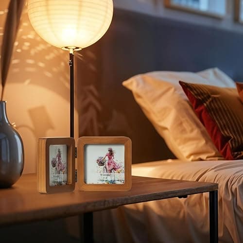 Wontree 4x4 Square Double Vertical Horizontal Hinged Foldable Combo Rounded Corner Picture Frame, Walnut-Colored Pine Wood with Real Glass, Free-Standing Desk Tabletop or Wall Hanging thumbnail 9