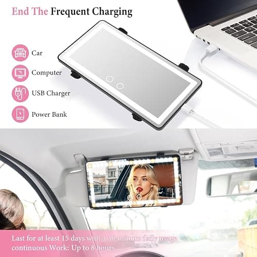 SINGARO Car Sun Visor Vanity Mirror - Rechargeable Makeup Mirror with 60 LEDs, 3 Light Modes & Dimmable Touch Control for Cars, Trucks, SUVs, Car Interior Accessories for Women (Black) thumbnail 5