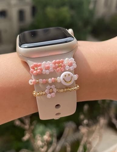 Heesch Stretchy Beaded Watch Band Charms Compitable with Apple Watch 38/40/41/42/44/45/49mm, Cute Beads Decorative Rings Loops Watch Assceeories for iWatch Series 8/7/6/5/4/3/2/1 (Band Not Included) - Pink thumbnail 6