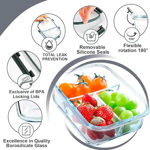 VERONES 5 Pack Glass Meal Prep Containers 3 Compartment Set, 36OZ Airtight Glass Lunch Containers, Glass Food Storage Containers with Lids, for Microwave, Oven, Freezer & Dishwasher Friendly,Grey thumbnail 5