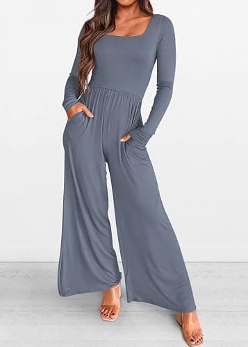 KIRUNDO Long Sleeve Jumpsuit for Women 2026 Spring Summer Airport Travel Outfits One Piece Square Neck Wide Leg Pants Romper thumbnail 3