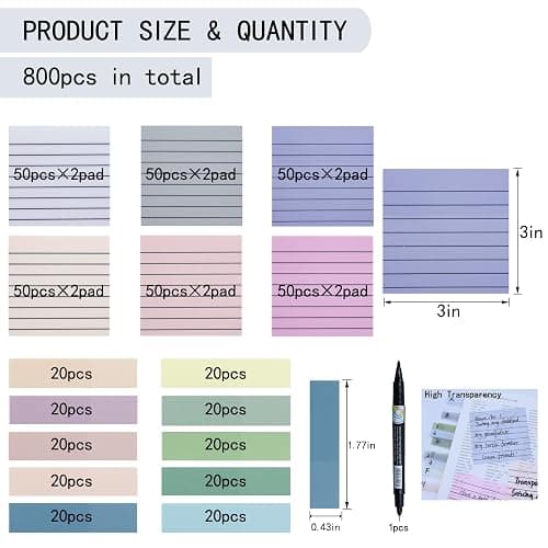 YOUDEFUL 800Pcs Transparent Sticky Notes, 3"x3" Clear Sticky Notes with Lined, Waterproof Translucent Sticky Note Pads for Books Annotation, Clear Post it Notes for Bible Study, School, Office thumbnail 2