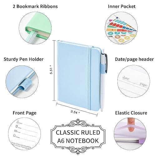 feela 3 Pack Pocket Small Notebook Journals, Mini Cute Hardcover College Ruled Notepad Women Office Supplies, with 3 Black Pens, 3.5”x 5.5”, A6, Pastel Colors, Light Blue, Light Purple, Light Green thumbnail 2