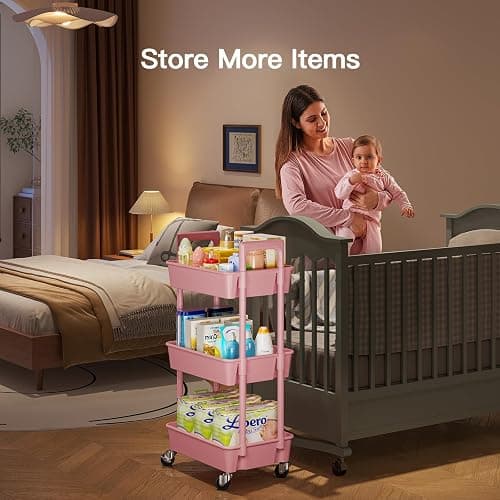 Pipishell 3 Tier Rolling Cart Organizer, Plastic Rolling Cart with Lockable Wheels & Reinforced Handle, Lightweight Utility Storage Cart for Nursery, Kitchen, Craft Room, Pink thumbnail 5