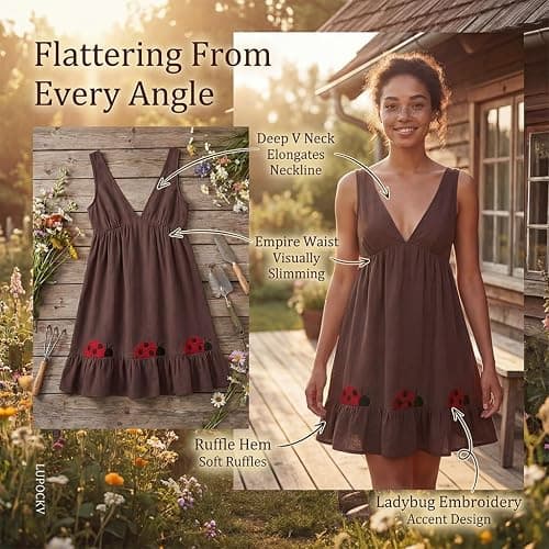 Ladybug Babydoll Dress Sleeveless Deep V Ruffle Mini Brown Linen Blend Sundress Embroidered Hem Bohemian Cottagecore thumbnail 5