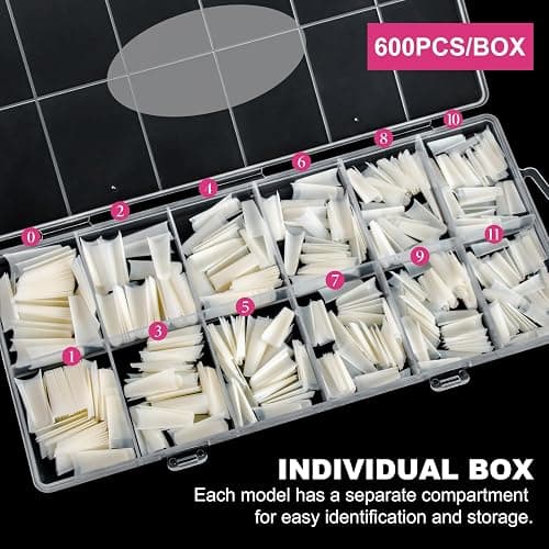 Krofaue 1200PCS Coffin Nail Tips, Clear & Natural Half Cover, 12 Sizes | Clear & natural, ABS material, C-curve half cover, 12 sizes with box, easy to decorate, for salon and home DIY thumbnail 6