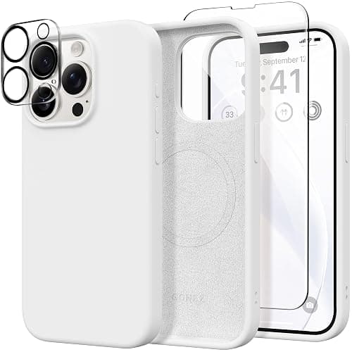 GONEZ for iPhone 15 Pro Max Case Silicone, Compatible with Magsafe, Camera Protector + Screen Protector, Soft Anti-Scratch Microfiber Lining, Liquid Silicone Shockproof Phone Cover, White - Image 1