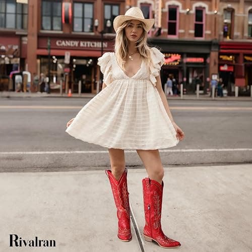 Rivalran Cowboy Boots for Women - Knee High Pointed Toe Chunky Heel Pull On Zipper Western Cowgirl Boots, Retro Country Vintage Fashion Tall Boots thumbnail 2