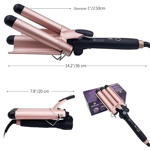Mistcado 3 Barrel Curling Iron, 1 Inch Ceramic Tourmaline Hair Waver Wand with LCD Temperature Display, Fast Heating Foldable Crimpers for Travel Glove Included (Gold) thumbnail 4