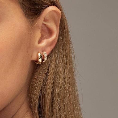 ALEXCRAFT Small Gold Hoop Earrings Set for Women Diamond Pave Gold Earrings Set with Sterling Silver Post thumbnail 2