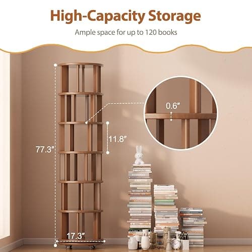 Muwuele 6 Tier Rotating Bookshelf Tower, Solid Wood Bookshelf on Wheels, Circular Book Shelf Rotating, Revolving Bookcase for Small Spaces, Corner Book Case, Spinning Book Shelf for Bedroom, Walnut thumbnail 2