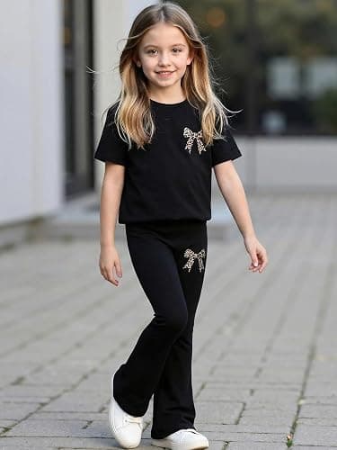 xueteox Girls Long Sleeve Sweatshirt 2 Piece, Bow Graphic Top and Pants Spring Fall Fashion Casual Clothes. thumbnail 4