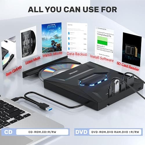 Unitek External CD DVD Drive, USB 3.0 Type-C Portable CD/DVD +/-RW Drive/DVD Player with SD Card Reader USB 3.0 USB C Hub CD ROM Burner Compatible for Laptop Desktop PC Mac Windows 11/10/8/7 Linux thumbnail 3