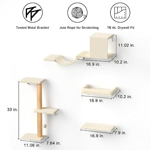 FUKUMARU Cat Wall Shelves, Stable & Safe 4 in 1 Large Cat Walls Furniture Set, Wooden Kitten Climbing Wall with Scratching Post for 16 Inch Drywall - Beige thumbnail 6