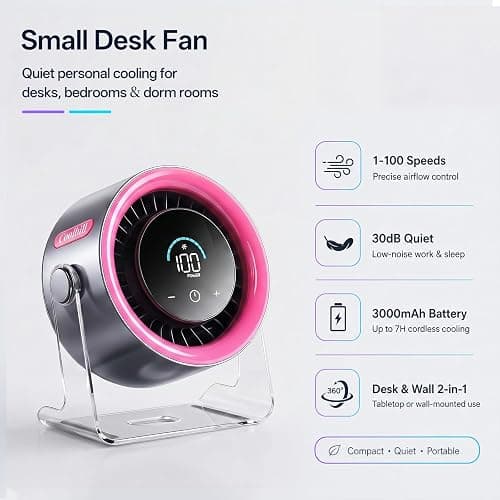 Coolhill USB Desk Fan for Bedroom: 100 Speeds Digital Display Quiet Portable Fan with Turbo Airflow, 120° Rotating Small Rechargeable Battery Desktop & Wall-Mounted Fans for Bedroom Home Office thumbnail 3
