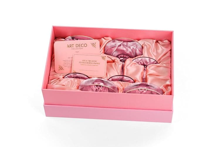 GLASSIQUE CADEAU Vintage Art Deco Blush Pink Coupe Glasses with Gold Rims | Set of 4 | 7 oz Crystal Ribbed Cocktail Glassware for Drinking Champagne, Martini, Cosmopolitan | Girly Speakeasy Saucers thumbnail 8