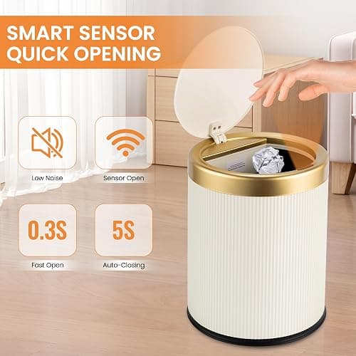 Pukomc Bathroom Trash Can with Lid，3.5 Gallon Motion Sensor Waterproof Touchless Garbage Can, Smart Plastic Trash Bins Suitable for Kitchen, Bathroom, Bedroom, Living Room, Office Beige thumbnail 3