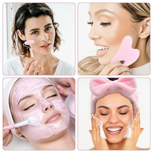 VEGCOO Rose Quartz Face Roller Gua Sha Set, Pink Jade Roller for Women, Gua Sha Stone Massage Tool for Skincare, Facial, Neck and Body Muscle Relaxing thumbnail 7