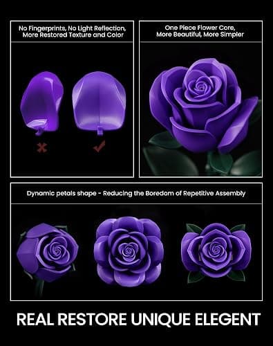 iATOM Purple Rose Bouquet Building Set, 12Pcs Flowers Botanical Collection for Adults Women, for Her/Girlfriend/Mom/Wife/Couple, Purple Retro Home Office Table Centerpiece Decor thumbnail 6