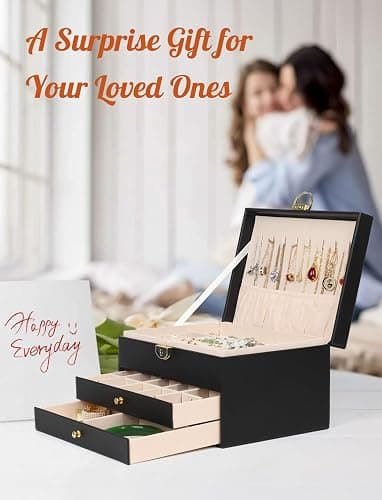 SYCARON Large Jewelry Box Organizer for Women Girls, 3 Layers PU Leather Jewelry Storage Case with Lock for Women and Girls Necklace Bracelets Earrings Rings Organizer, Black thumbnail 6