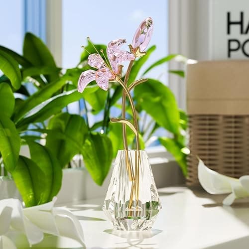 YWHL Crystal Lily Flower Figurine with Vase, Handmade Pink Glass Lily Flower Gifts for Woman, Wedding Gifts for Couple, Home Party Decorations (Pink) thumbnail 8