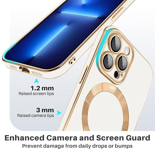Dinick Magnetic for iPhone 13 Pro Case with Camera Len Protector, White | Compatible with MagSafe, Soft TPU Bumper, Anti-Scratch Protection, Slim Glitter Plated Gold Cover thumbnail 4