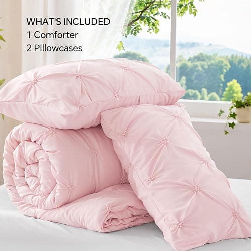 BEDELITE Baby Pink Queen Comforter Set - 3 Pieces Boho Pintuck Bedding Comforter Sets, Lightweight Soft & Warm Bed Comforter Queen with 2 Pillowcases for All Season thumbnail 7