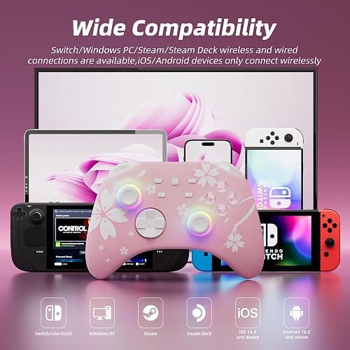 Mytrix Wireless Controllers for Switch/Switch 2, Windows PC iOS Android Steam/Steam Deck, Sakura Pink Bluetooth Controller with Programmable, Hall Effect Joysticks, Adjustable LED Light/Turbo/Vibration thumbnail 4
