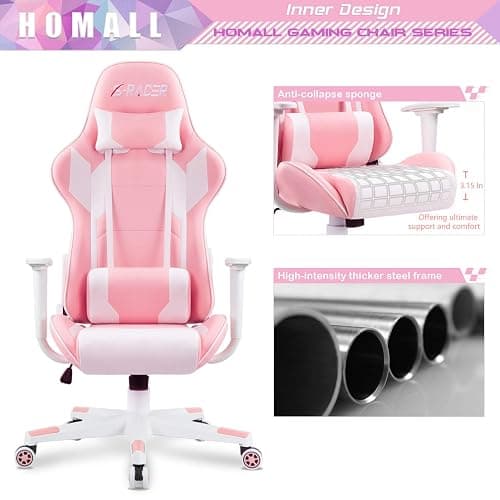 Homall Gaming Chair, Office Chair High Back Computer Chair Leather Desk Chair Racing Executive Ergonomic Adjustable Swivel Task Chair with Headrest and Lumbar Support(Pink) thumbnail 5