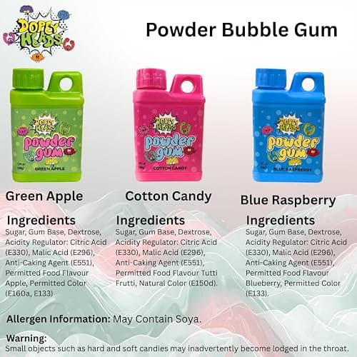 Dopey Heads | Powder Bubble Gum | HALAL | Blue Raspberry | Cotton Candy | Sour Apple | Flavoured Bubble Gum | Fruit Flavour | Sweet Gum Powder | 40g (1.41oz) Each | 3 Flavours (Pack of 3) thumbnail 4